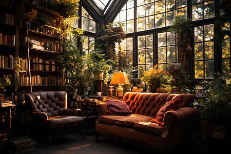 Luxury interior of the living room. Comfortable sofa, armchair, bookshelves and plants.の素材