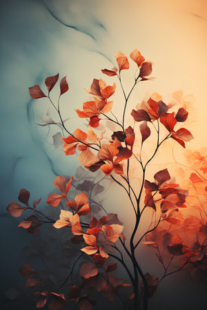 Branch with autumn leaves in retro style. Abstract floral background.の素材