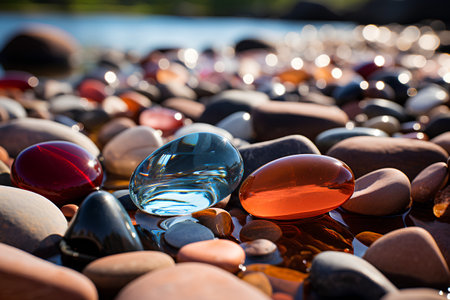Colorful pebbles on the shore of a lake with reflectionの素材
