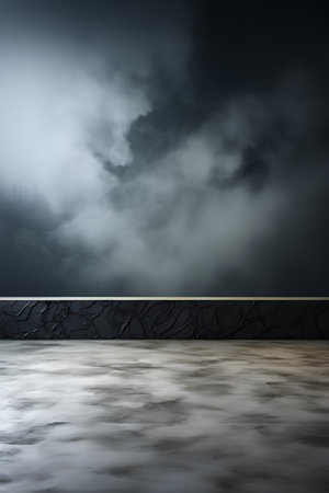 Dark empty room with concrete floor and dark stormy sky. 3d renderingの素材