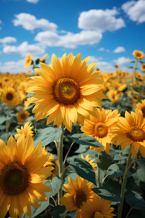 Sunflower field over cloudy blue sky. Nature background with sunflowers.の素材