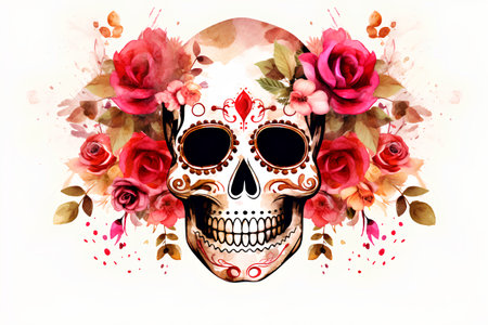 Watercolor skull with roses and leaves. Day of the Dead.の素材