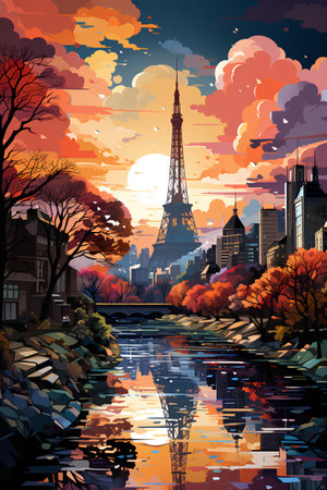Eiffel tower in Paris, France at sunset. Beautiful panoramic view of the city. Vector illustration.の素材