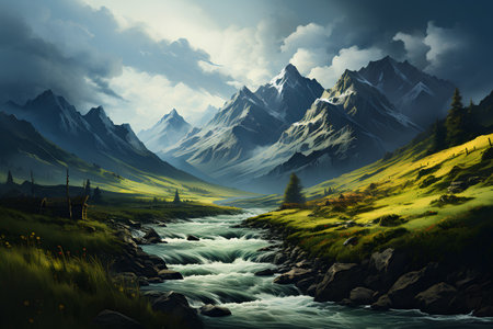 Mountain landscape with a river and snow-capped peaks.の素材