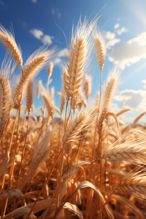 Golden wheat field and blue sky with clouds. Rich harvest Concept.の素材