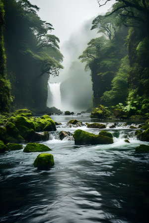 Waterfall in the rainforest of New Zealand. Long exposure.の素材