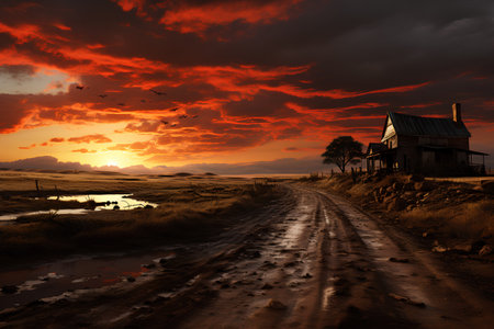 Dramatic sunset over rural landscape with old abandoned farm house.の素材