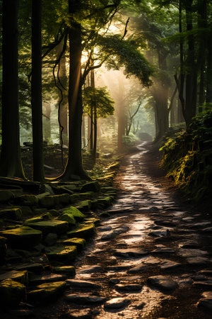 Mysterious forest path in the morning light. Fantasy landscape.の素材