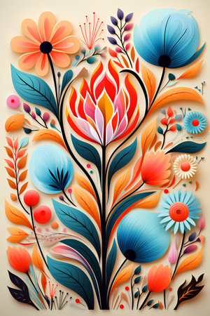 Abstract floral background with flowers, leaves and berries in retro style.の素材