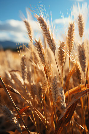 Ripe wheat ears on the field. Shallow depth of fieldの素材