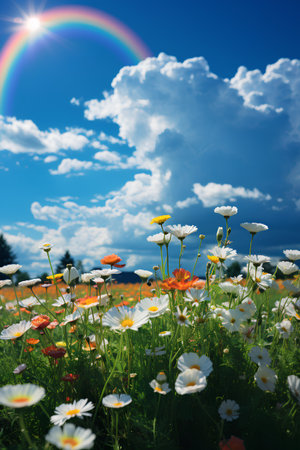 Field of daisies and blue sky with clouds and rainbow.の素材