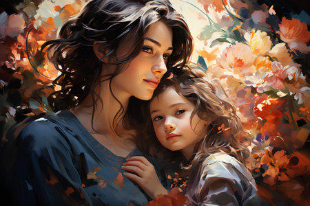 Beautiful mother with her daughter in the autumn garden. Digital painting.の素材