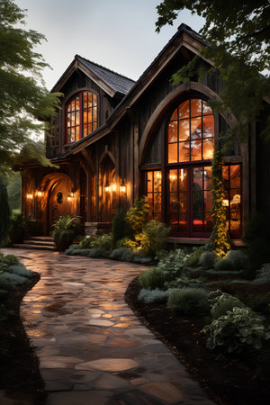 Wooden gothic house in the garden with glowing lights.の素材