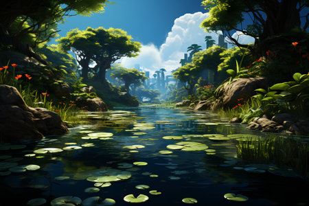 Fantasy landscape with green trees and pond. 3D illustration.の素材