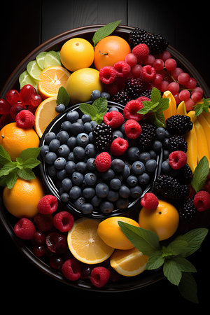 Fruits and berries in a plate on a black wooden background.の素材