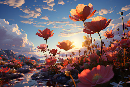 Poppies in the meadow at sunset. 3d renderの素材