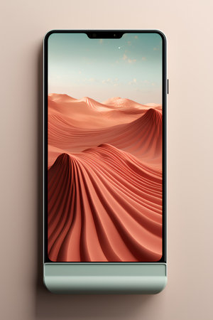 Smartphone with red sand dunes in the background. 3d renderingの素材