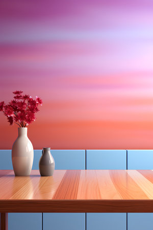 Wood table top with vase of flower on sunset sky background.の素材