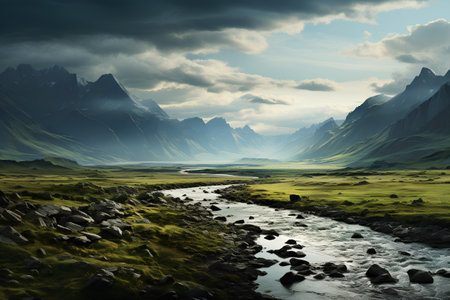 Beautiful fantasy landscape with a river and mountains. 3d renderingの素材