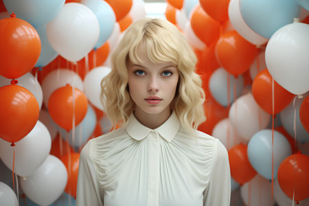 Portrait of a beautiful young woman with balloons in the background.の素材