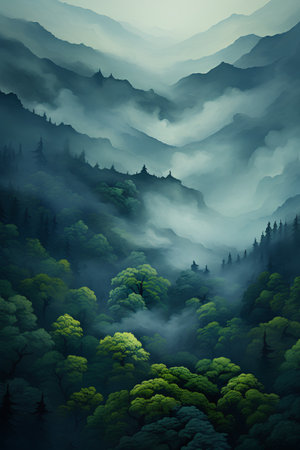 Mountain landscape with fog and forest. Vector illustration. Eps 10の素材