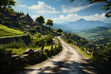 Beautiful view of the village in the mountains. Toned.の素材