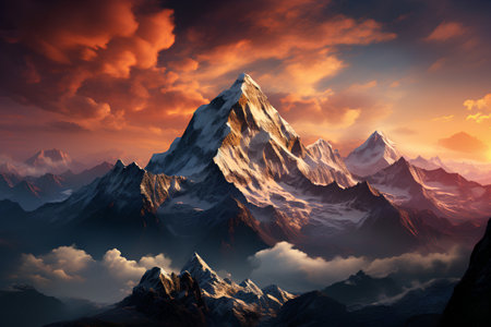 Mountain landscape with snow-capped peaks at sunset. 3d renderの素材