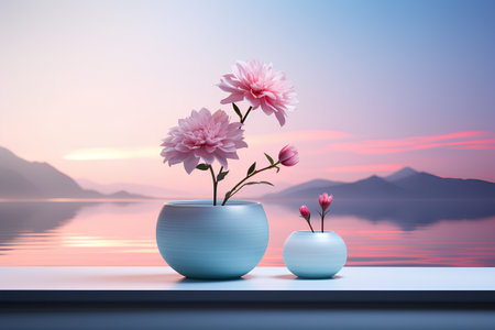Two vases with pink flowers on the background of the sea and mountains.の素材