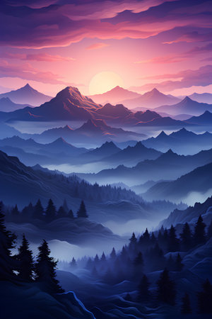 Foggy mountain landscape. Sunrise in the mountains. Vector illustrationの素材