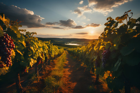 Sunset over vineyards in Riquewihr, Franceの素材