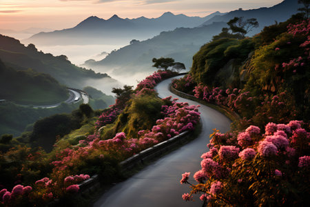 Rhododendron flowers at sunset in the mountains. Beautiful spring landscape.の素材