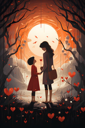 Mother and daughter walking in the forest at sunset, vector illustration.の素材