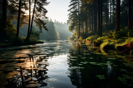 Pine forest on the shore of a lake at sunset. Beautiful summer landscape.の素材
