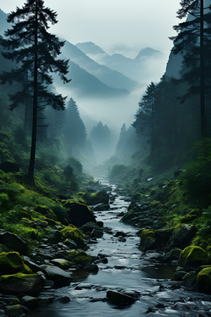 Mountain river in the misty forest. Landscape with a mountain river.の素材