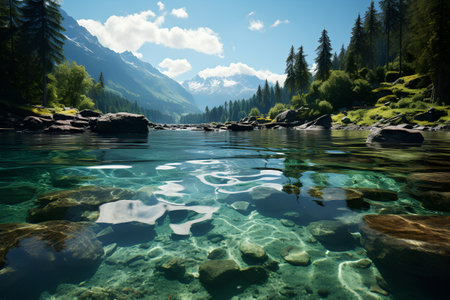 Mountain lake with crystal clear water and high mountains in background.の素材
