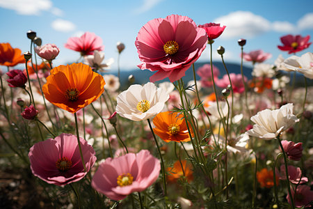 Colorful cosmos flowers blooming in the meadow with blue sky backgroundの素材