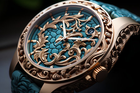 Luxury wrist watch with gold ornament on black background. 3D renderingの素材