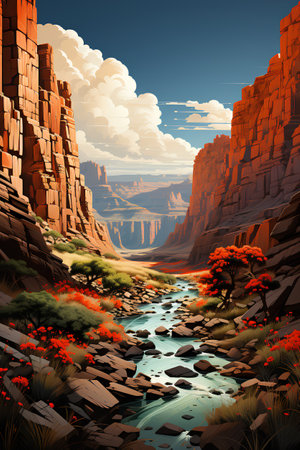 Fantasy landscape with mountains and river. Colorful cartoon vector illustration.の素材