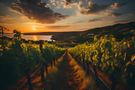 Sunset over vineyards in Tuscany, Italy, Europeの素材