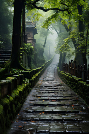 Old Japanese temple in a foggy morning.の素材