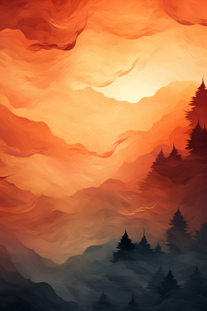 Fantasy landscape with forest and mountains at sunset, vector illustration.の素材