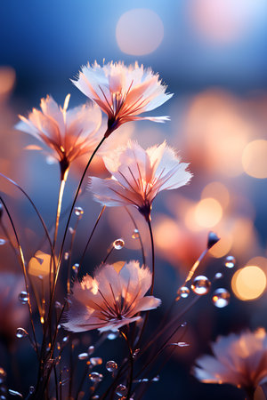 Beautiful flowers with dew drops on bokeh background.の素材