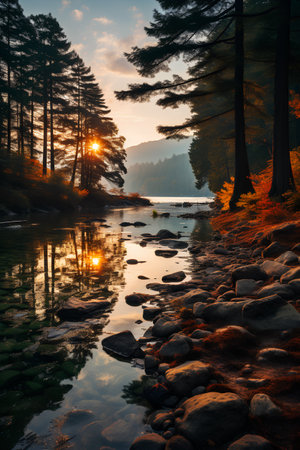 Sunset on the lake in the forest with pine trees and stones.の素材