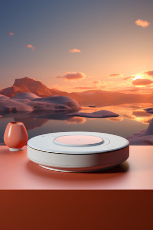 3d render of podium for product display with beautiful sunset sky background.の素材