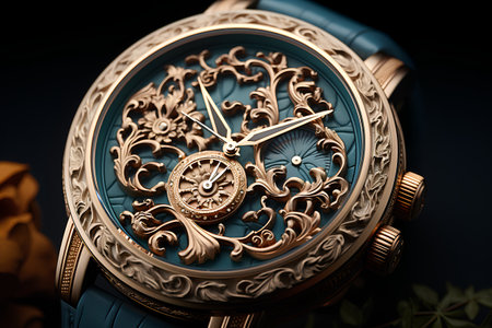 Luxury wristwatch with golden ornament. Close-up.の素材