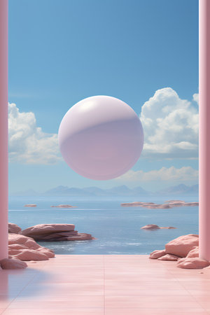 3d rendering of a landscape with a pink planet in the skyの素材