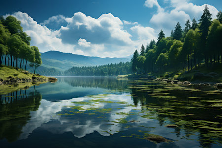Beautiful lake in the mountains. Landscape with forest and lake.の素材