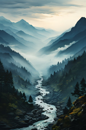Mountain river in the misty valley. 3d illustration.の素材