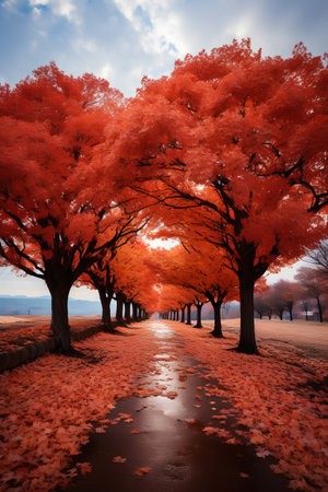 Beautiful autumn landscape with maple trees and road in the park.の素材