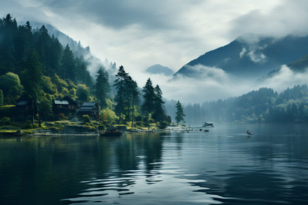 Foggy morning on Bohinj lake, Slovenia, Europe.の素材